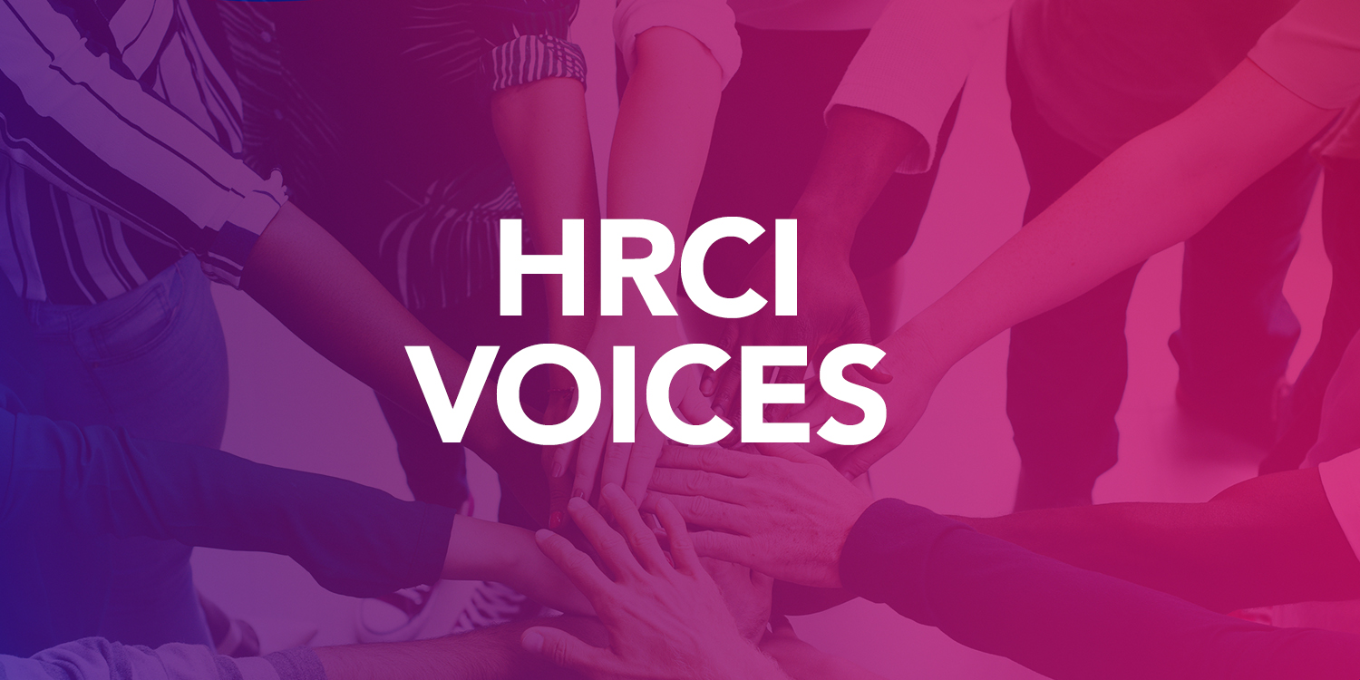 Hands in a huddle with text "HRCI Voices"